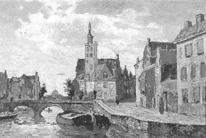 Een Stadsgezicht Met Een Gebouw Met Een Torentje Aan De Gracht