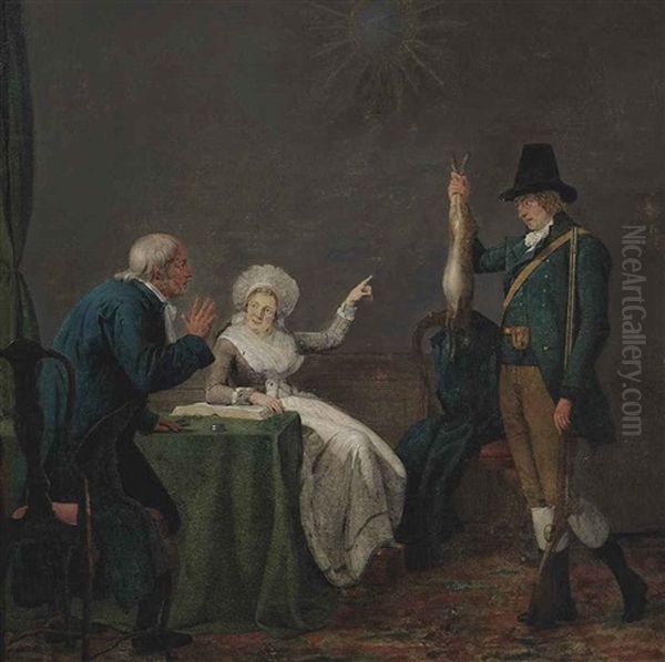An Interior With A Couple And A Huntsman Holding A Rabbit - view 1