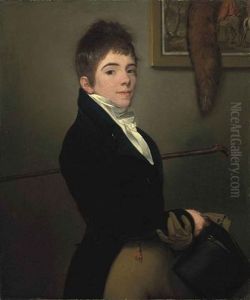 Portrait Of A Young Boy In A Blue Coat, A Stick Under His Left Arm, A Glove And Hat In His Right Hand, Standing Beside A Painting Of A Hunting Scene...