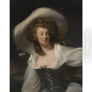 Portrait Of The Artist's Wife Marie-pierrette-antoinette Danloux, Nee De Saint Redan, Wearing A White Hat by Henri-Pierre Danloux