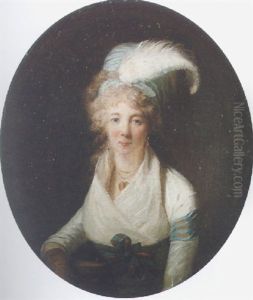 Portrait Of A Lady Wearing A White Dress With A Blue And Red Ribbon, A Blue Head Dress With An Ostrich Feather, Resting On A Stone Pedestal