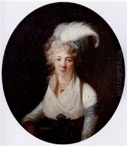 Portrait Of A Lady Wearing A White Dress With A Blue And Red Ribbon And A Blue Head Dress With An Ostrich Feather by Henri-Pierre Danloux