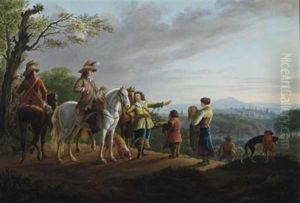 A Hawking Party Surveying A Landscape From An Outcrop