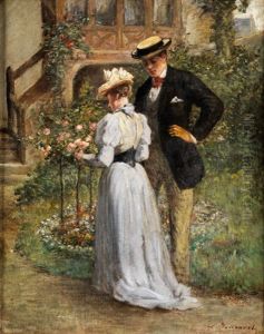 Junges Paar Im Rosengarten by Leon Marie Constant Dansaert