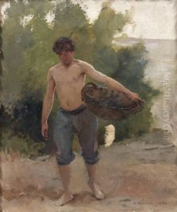 Homme Torse Nu Portant Un Panier Sur La Plage by Edouard Dantan