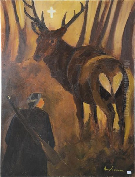 Paysage Ardennais Avec Chasseur Et Cerfs En Foret - view 1