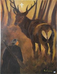 Paysage Ardennais Avec Chasseur Et Cerfs En Foret by Leon Dardenne
