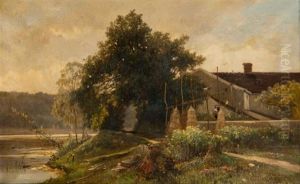 Jeune Femme Au Panier Au Bord De La Riviere by Louis Emile Dardoize