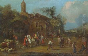 The Courtyard Of A Country Inn With Travellers And A Drover