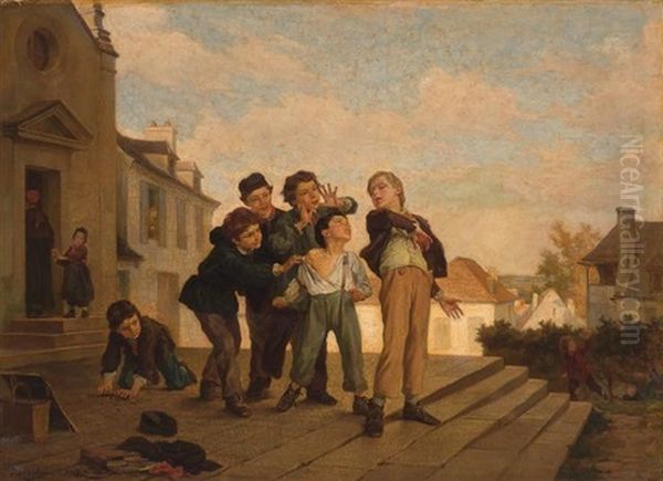 Boys Quarrelling On The Steps Of A Church - view 1