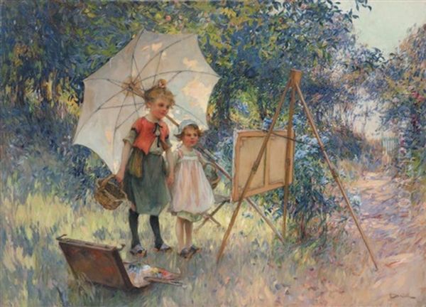 Enfants Au Jardin Contemplant Le Tableau Du Pere - view 1