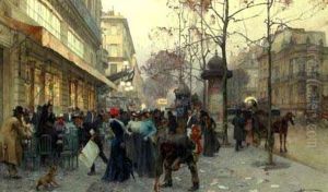 A Bustling Street Scene, Paris by Henri Gaston Darien