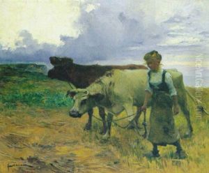 Magd Mit Zwei Kuhen Auf Dem Heimweg by Henri Gaston Darien