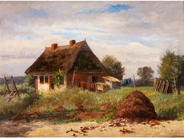 Bauernhaus Mit Strohdach, Wiese Und Aufgehangten Waschestucken - view 1