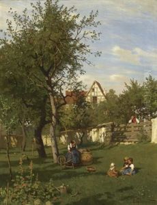 Woman At A Spinning Wheel With Children Playing In The Garden by Hugo Darnaut