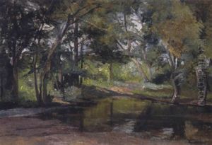 Waldlandschaft Mit Einem Teich Im Vordergrund by Hugo Darnaut