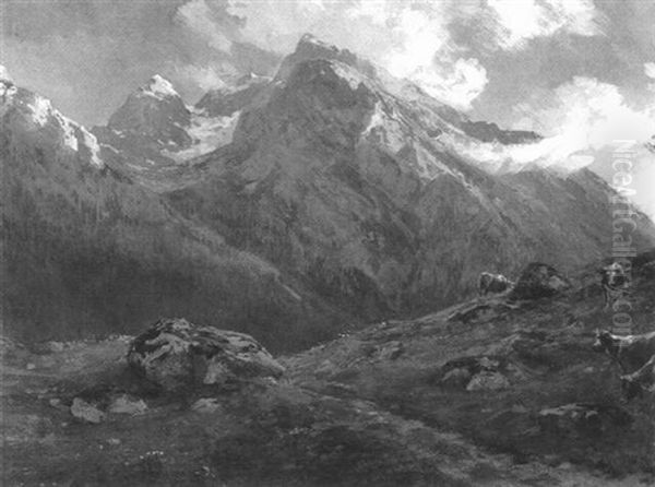 Gebirgsmotiv Mit Weidenden Kuhen - view 1