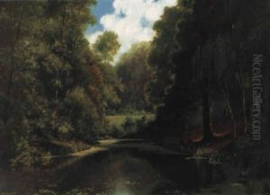 Landschaft Mit Weiher Und Rehwild Auf Einer Waldlichtung by Hugo Darnaut
