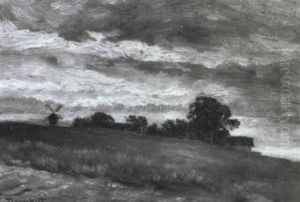 Hugelige Landschaft Mit Einer Windmuhle