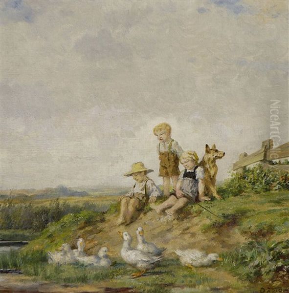 Kinder Mit Hund Und Enten Am Bachufer - view 1