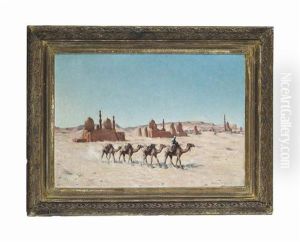 A Camel Train Before A Town In The Desert by Maxime Dastugue