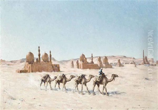 A Camel Train Before A Town In The Desert - view 1