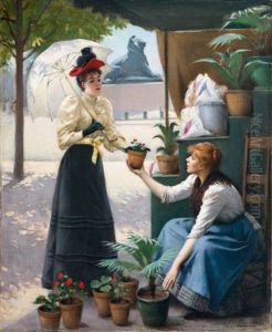 Elegante Et Marchande De Fleurs Devant Le Lion De Denfert, Paris by Maxime Dastugue