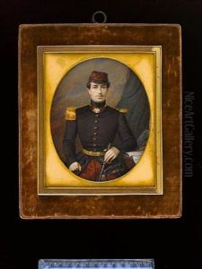 An Officer Of The Crimean War, Wearing Brown Coat With Gold Epaulette, Contre-epaulette, Gorget And Braided Belt, Crimson Trousers And Matching Cap With Black Rim