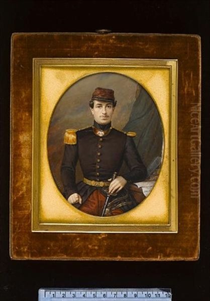 An Officer Of The Crimean War Wearing Brown Coat With Gold Epaulette, Contre-epaulette, Gorget And Braided Belt, Crimson Trousers And Matching Cap With Black Trim - view 1