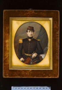 An Officer Of The Crimean War Wearing Brown Coat With Gold Epaulette, Contre-epaulette, Gorget And Braided Belt, Crimson Trousers And Matching Cap With Black Trim