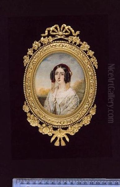 A Lady Wearing Yellow Dress, White Lace Shawl Held With A Cameo At Her Corsage And Red And Gold Tasselled Turban In Her Dark Hair, Pillar Background - view 1