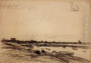 La Cote A Maree Basse, Avec Reprise D'un Voilier En Haut A Droite by Charles-Francois Daubigny