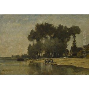 Uferpartie Mit Wascherinnen by Charles-Francois Daubigny