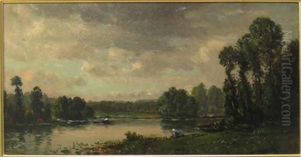 River Landscape, Man In Boat, Woman On Bank - view 1