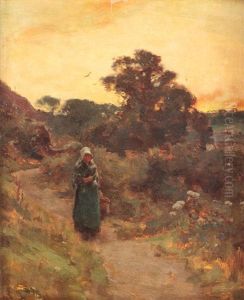 Landscape At Sunset, Girls From Bretania On The Way Home by Charles-Francois Daubigny