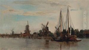 Barges Moored On A Dutch Waterway by Charles-Francois Daubigny