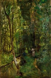 Waldinneres Mit Bachlauf, Angler Und Frau
