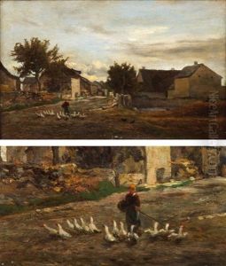 Le Troupeau D'oies, Village Pres De Barbizon by Charles-Francois Daubigny