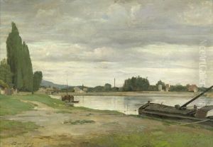 Fluslandschaft Mit Ankerndem Lastkahn Fluslandschaft Mit Ankerndem Lastkahn