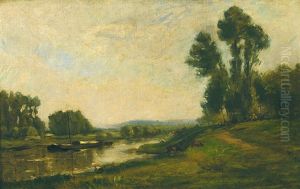 Impressionistische Flusslandschaft Mit Kahn, Weidendem Vieh Und Wascherin Impressionistische Flusslandschaft Mit Kahn, Weidendem Vieh Und Wascherin