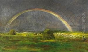 Schafe In Landschaft Mit Regenbogen by Charles-Francois Daubigny