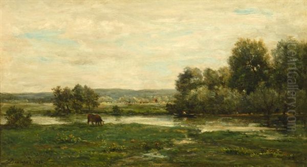 Grazing By Riverbank With A Boater Beyond - view 1