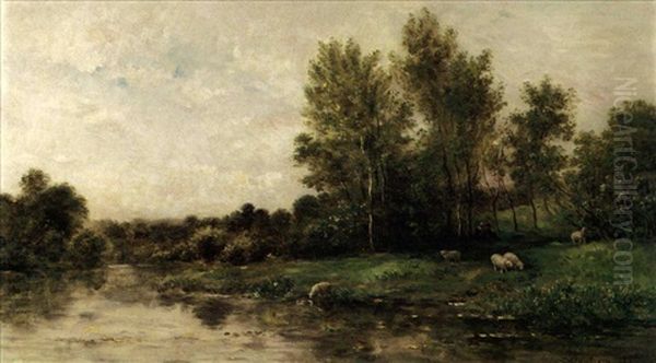 Figures Resting Under A Tree With Sheep Near A River - view 1