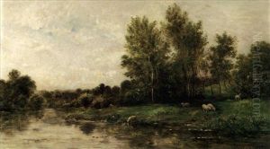 Figures Resting Under A Tree With Sheep Near A River by Charles-Francois Daubigny