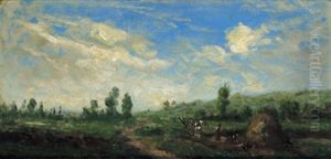 Weite Landschaft Mit Zwei Frauen Bei Der Feldarbeit Weite Landschaft Mit Zwei Frauen Bei Der Feldarbeit