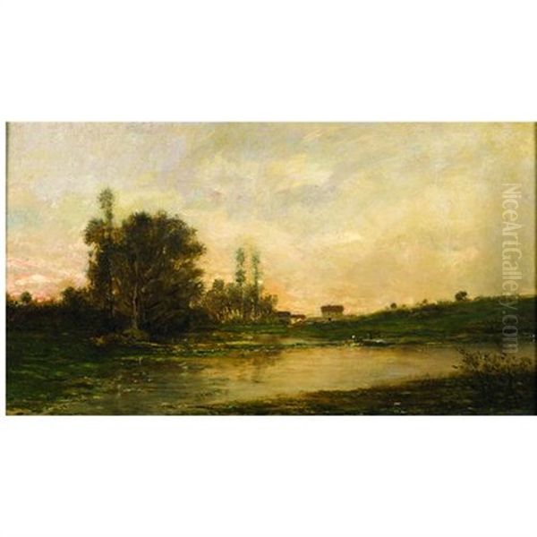 A River View With Figures On A Boat At Dusk - view 1