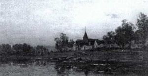 River Landscape With Village And Figures by Charles-Francois Daubigny