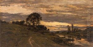 Sunset Over A Path Along The River by Charles-Francois Daubigny