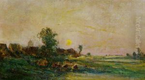 Landschaft Mit Dorf In Der Abenddammerung
