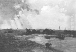 River Landscape With Boat And Figure by Charles-Francois Daubigny